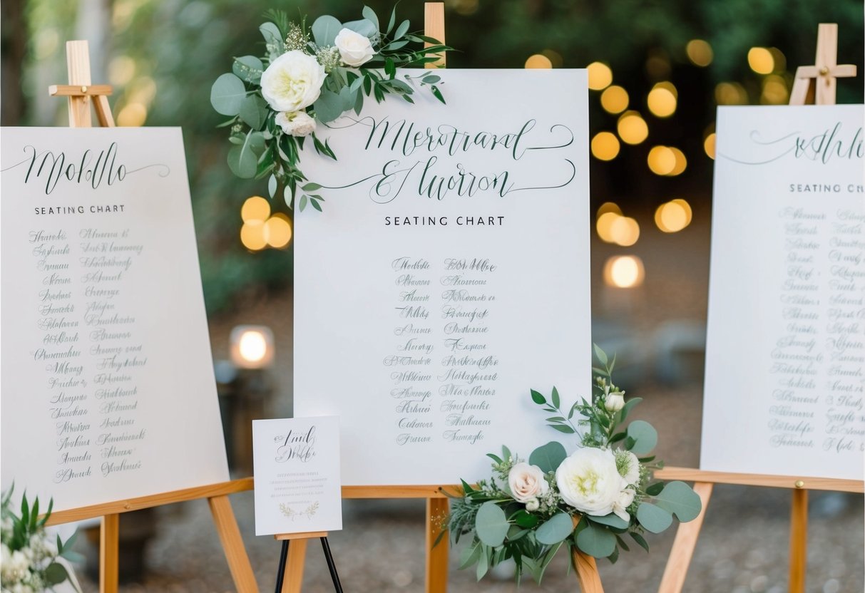 A seating chart with the couple's names elegantly written in calligraphy, surrounded by coordinating stationery and signage