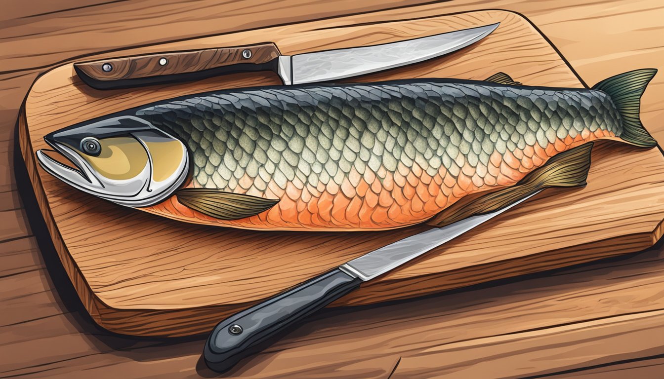 A piece of salmon skin lying on a cutting board, with a knife nearby