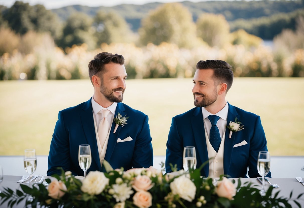The best man sits next to the groom on the top table, with a floral centerpiece in front of them