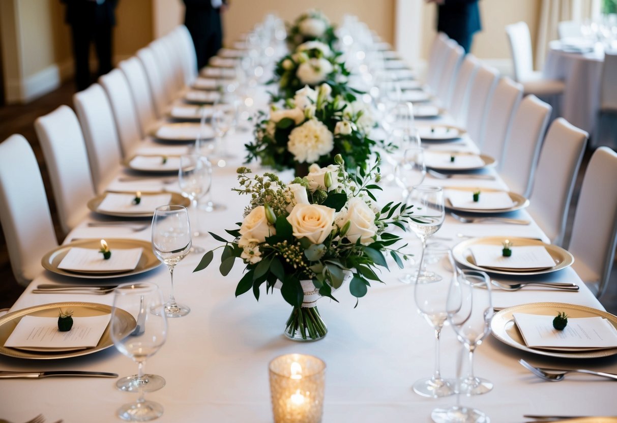 A long table set for a wedding party, with elegant place settings and floral centerpieces arranged in a symmetrical pattern