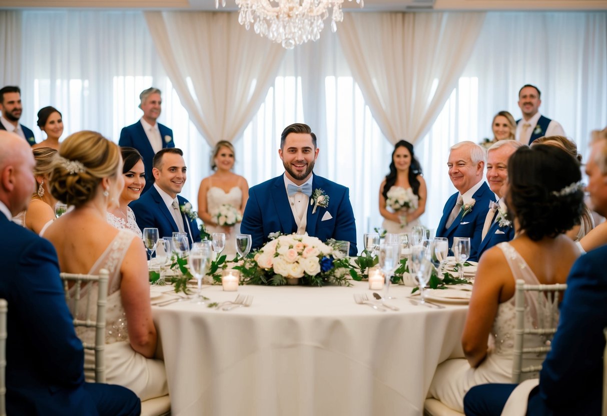 The groom sits at the center of the top table, with the important members of the wedding party seated on either side, facing the guests