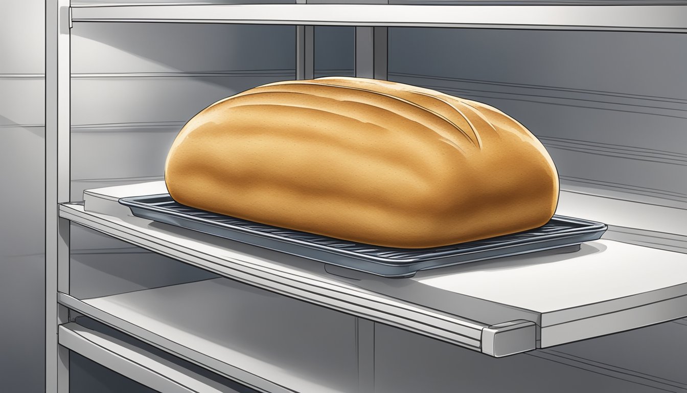 A loaf of bread sits on a clean, dry shelf in a sealed container. No visible mold