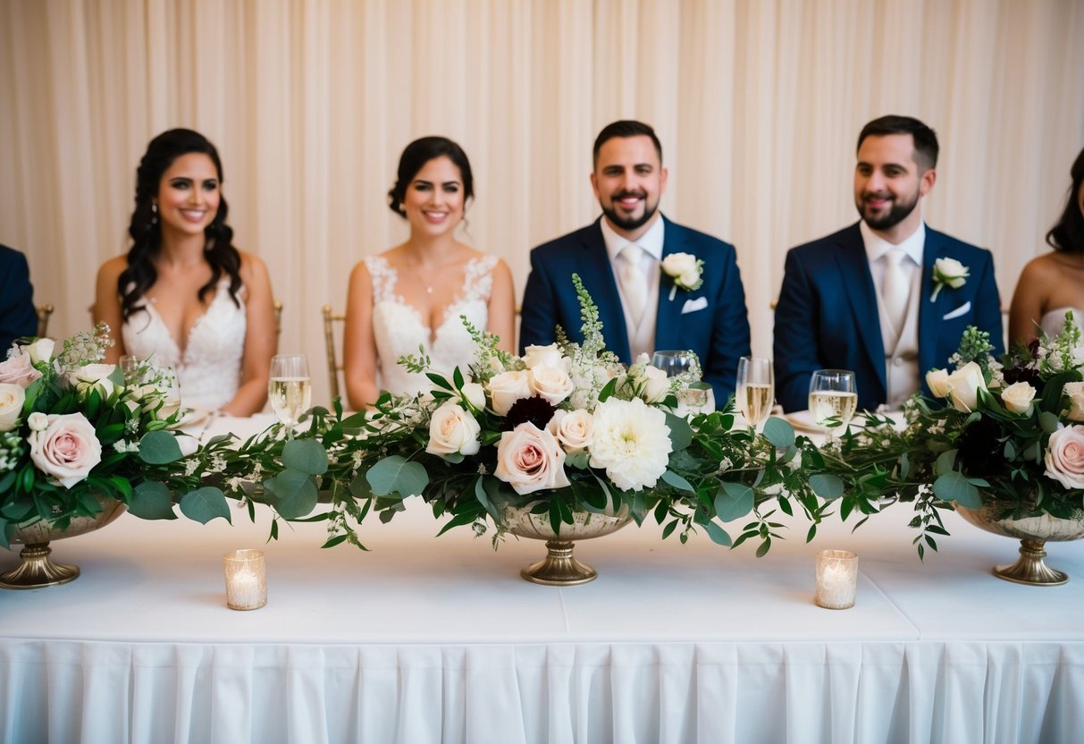 A floral centerpiece separates the bride and groom from their closest family and friends at the top table
