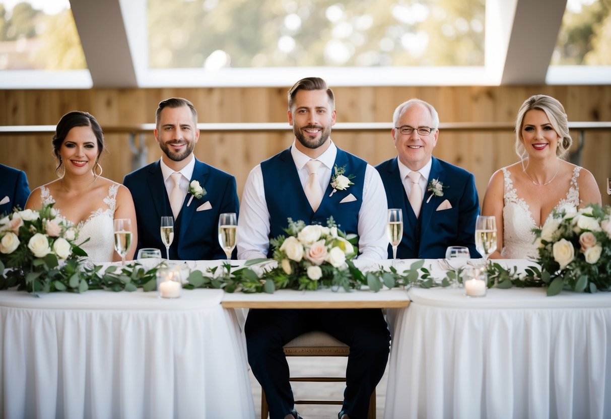 The groom sits at the center of the top table, flanked by the best man and the father of the bride