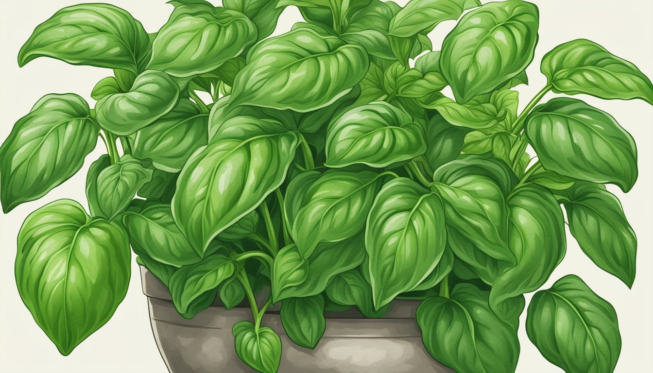 A healthy basil plant with vibrant green leaves surrounded by drooping, discolored basil plants with powdery mildew