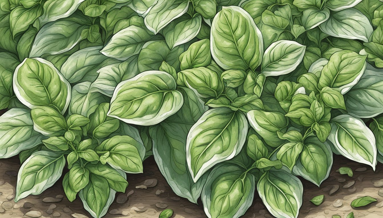 Healthy basil plants surrounded by wilted, discolored leaves. White, powdery mildew visible on the surface of the affected leaves