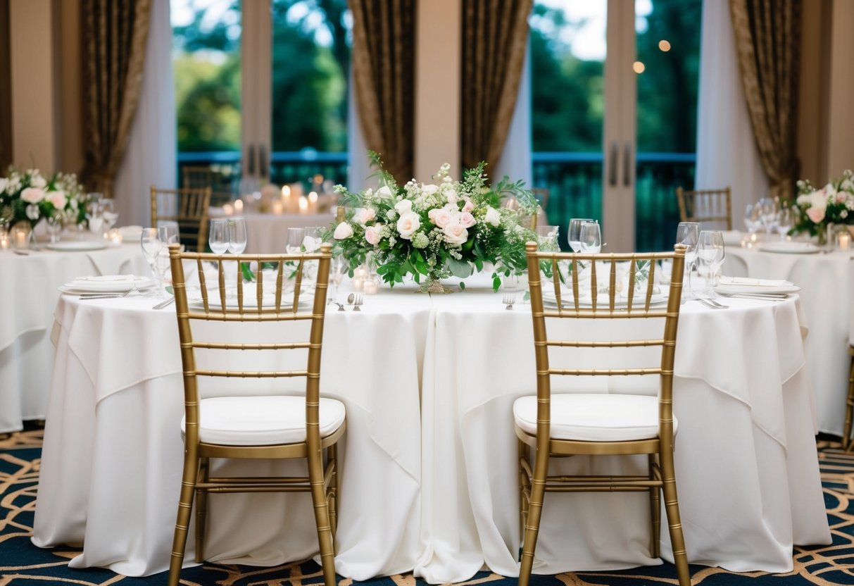 A beautifully decorated top table with two empty chairs awaiting the bride and groom, surrounded by elegant place settings and floral arrangements