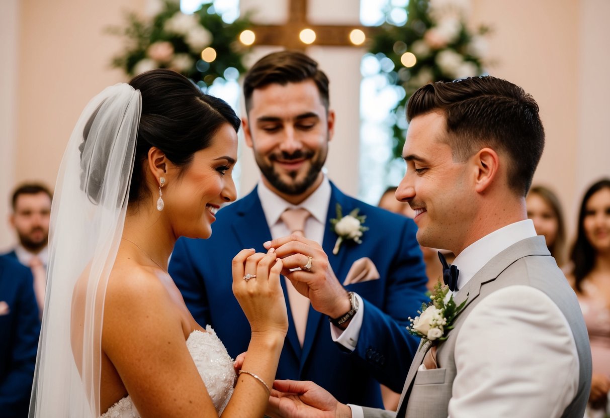 A groom places a ring on the bride's finger at a wedding altar