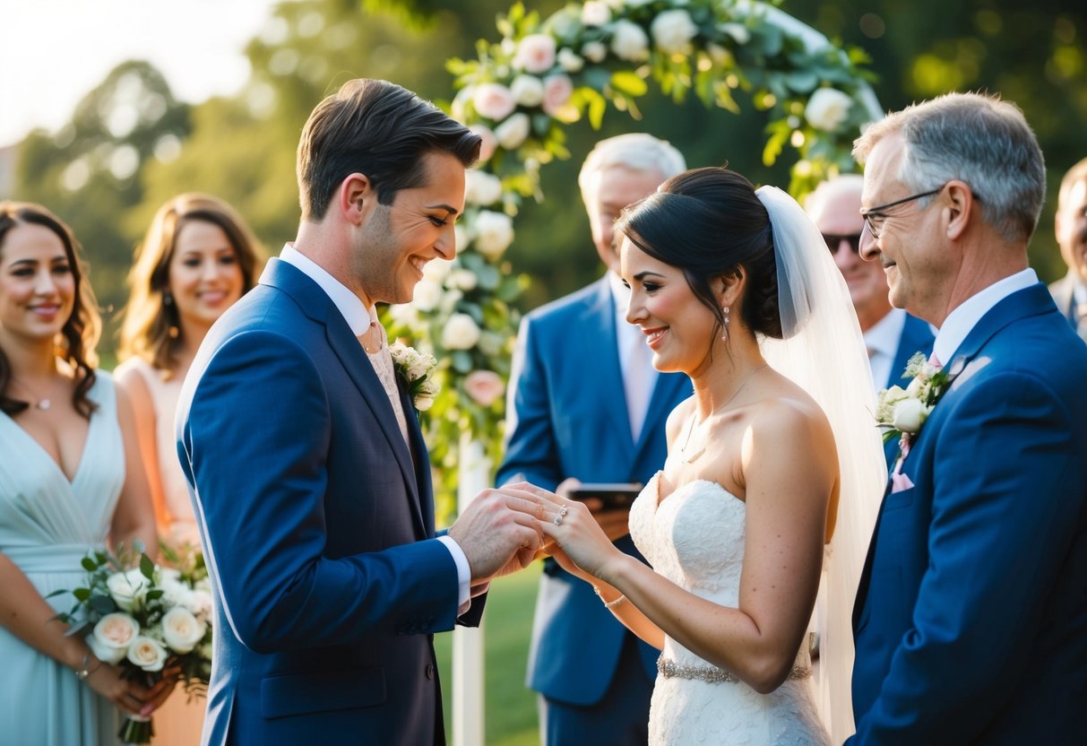 A couple exchanging wedding rings at a ceremony, surrounded by family and friends