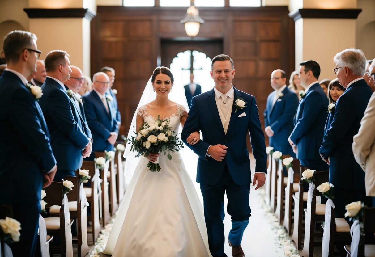 A figure in formal attire escorts the groom down the aisle