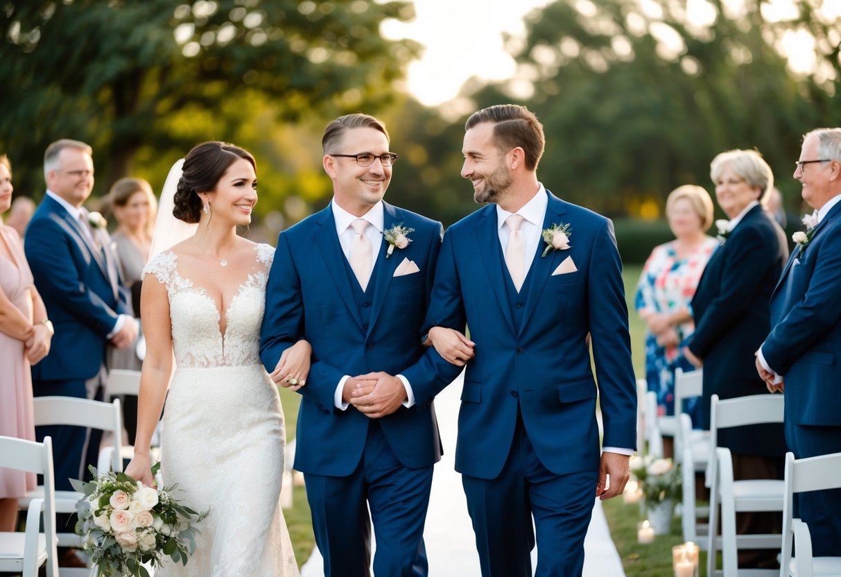 A proud couple walks side by side, guiding the groom down the aisle with love and support