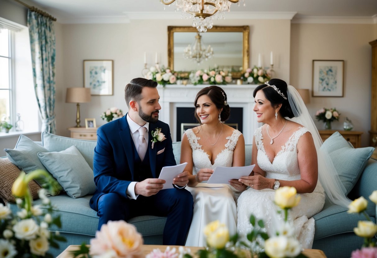 A groom and bride's parents discuss financial arrangements for the bride's second wedding in a cozy living room filled with flowers and wedding decorations