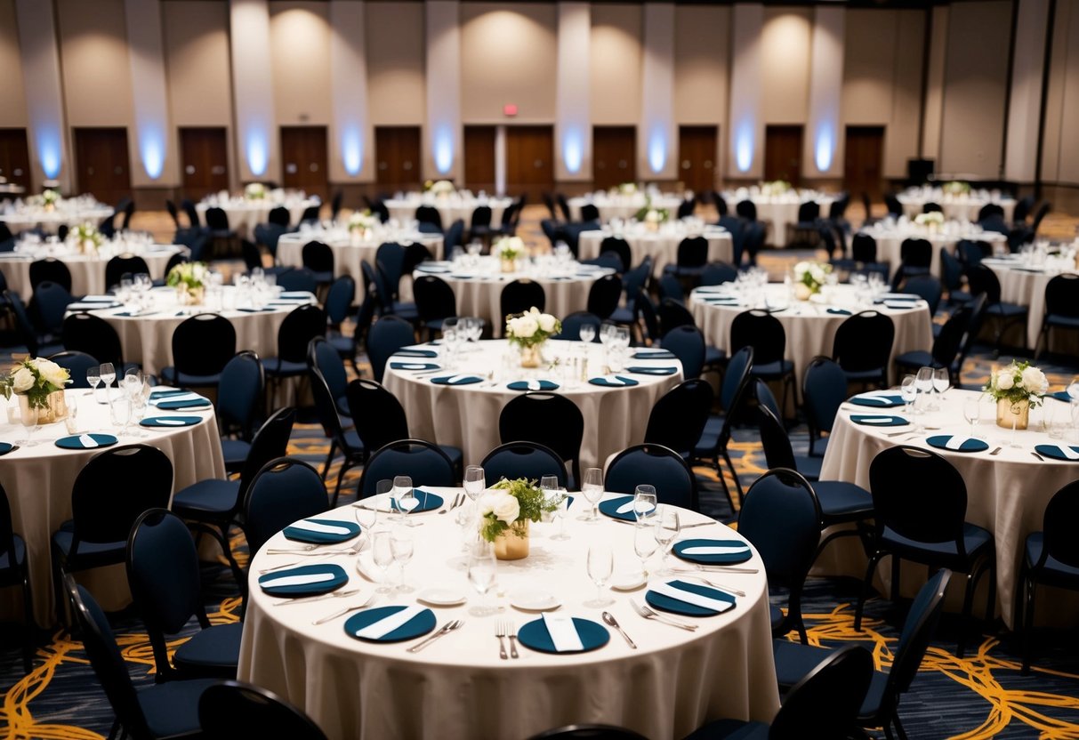 Ten round tables arranged in a large event space, each set with ten place settings