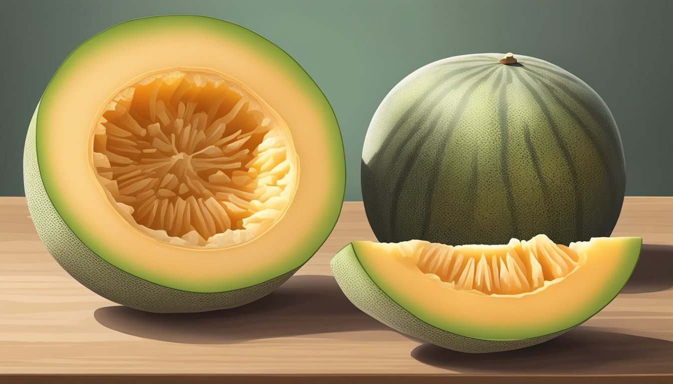 A ripe cantaloupe with visible mold on the outer rind, sitting on a kitchen counter next to a knife and cutting board