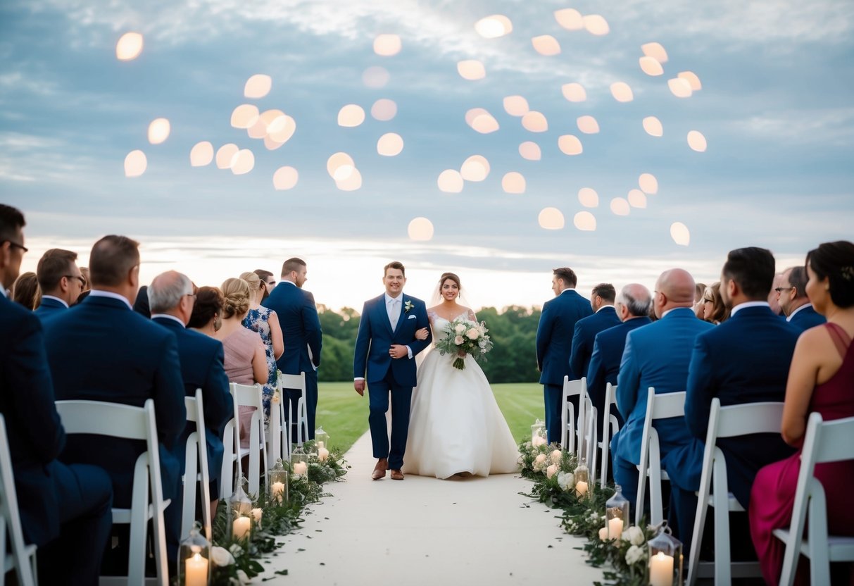 A figure leads the groom down the aisle in a wedding procession