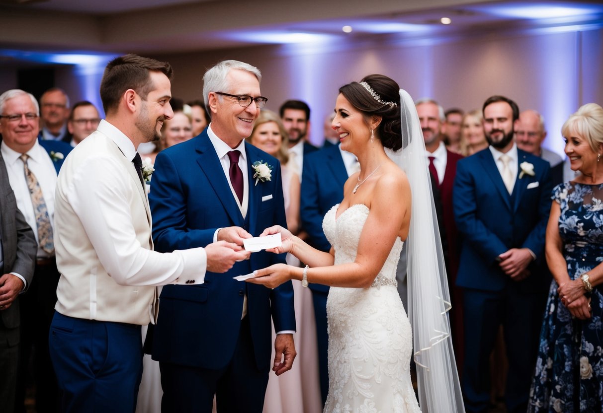 A bride and groom standing at the reception, surrounded by guests. The groom's parents are handing over a check to the bride's parents