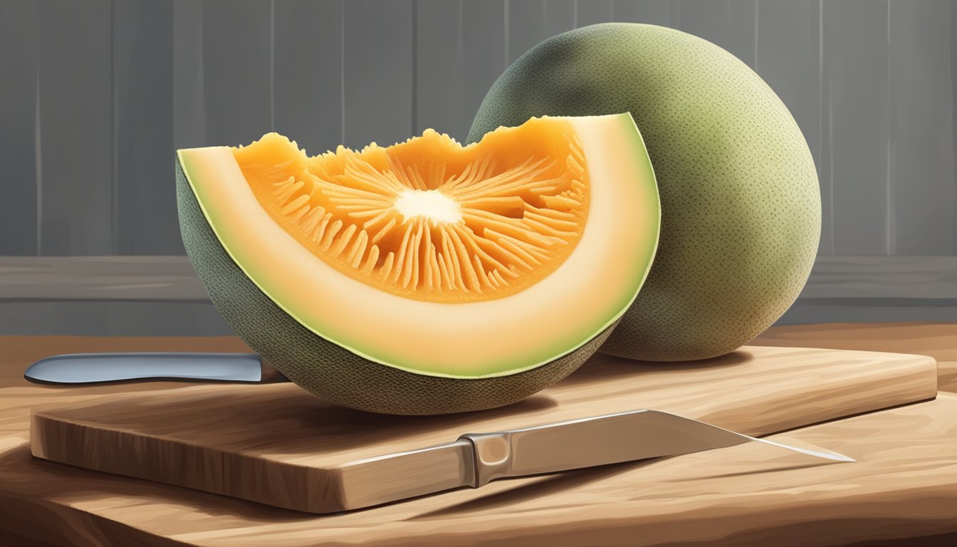 A ripe cantaloupe with visible mold on its exterior, placed on a clean cutting board with a knife nearby