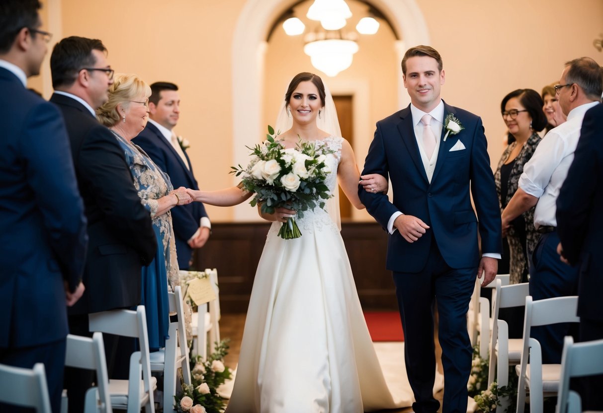 A figure in formal attire guiding the groom down the aisle