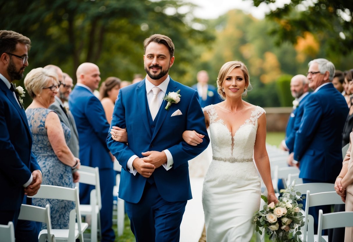 A figure holds the groom's arm, guiding him down the aisle