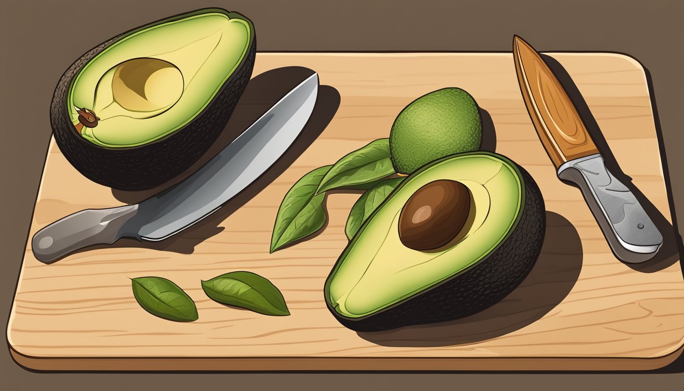 An avocado pit sits on a cutting board next to a knife and a halved avocado