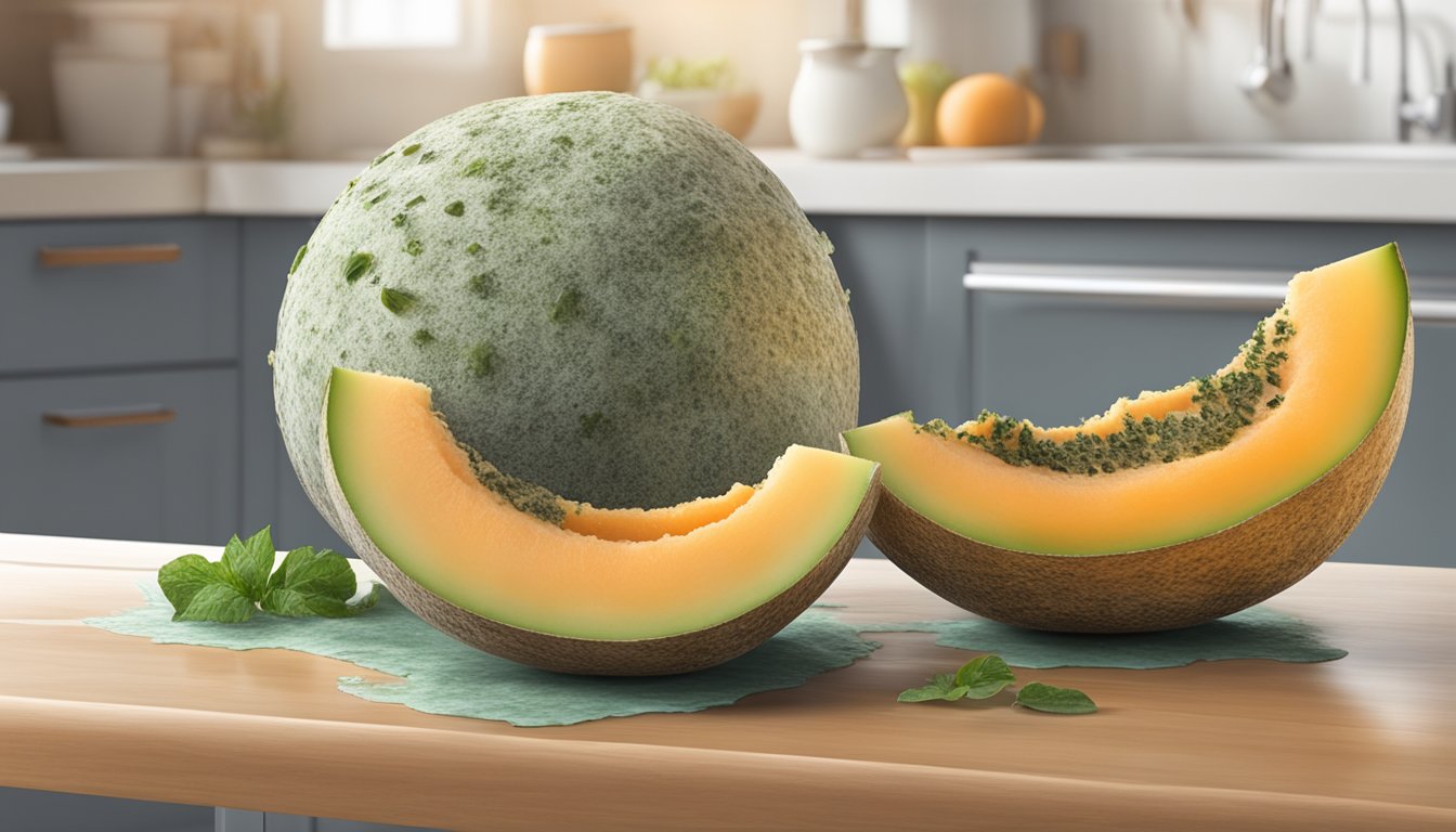 A moldy cantaloupe sits on a kitchen counter, with visible mold growth on the outside