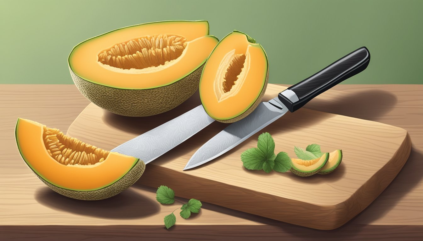 A ripe cantaloupe with visible mold on the outside, sitting on a wooden cutting board with a knife nearby