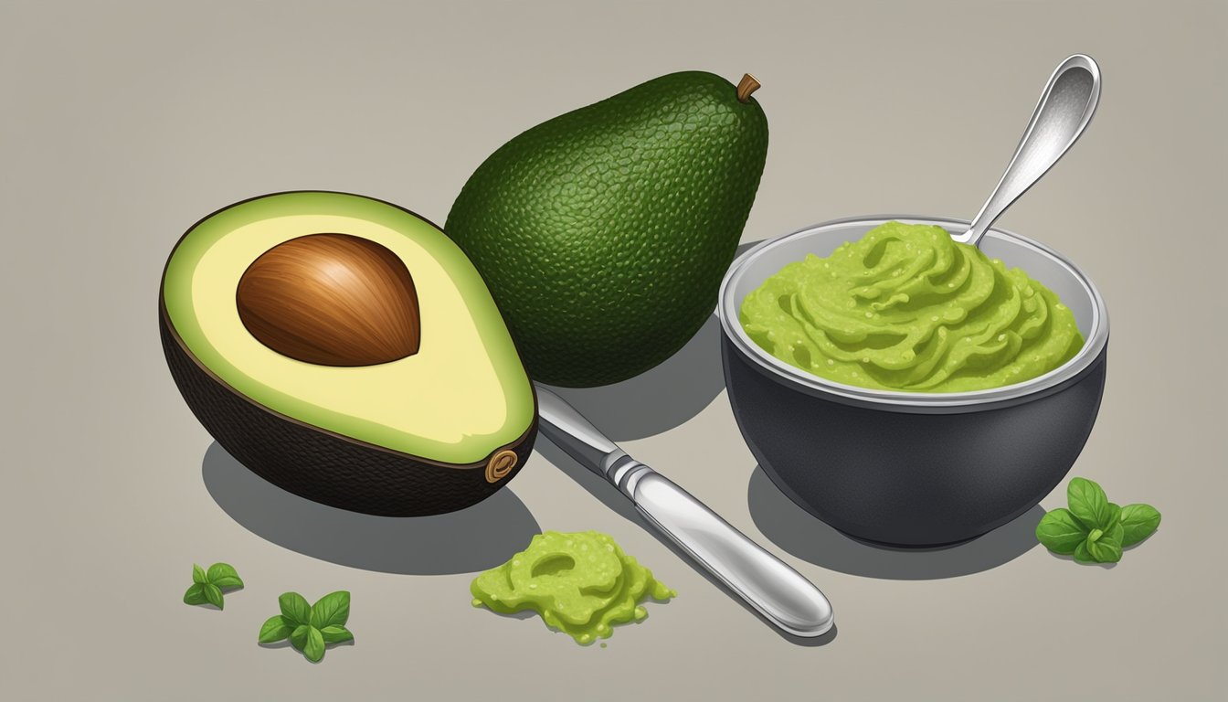 A ripe avocado with its pit intact, surrounded by a measuring spoon, knife, and a bowl of guacamole