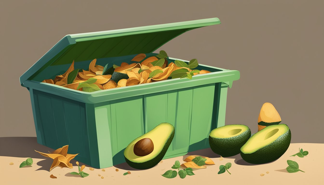 A compost bin with avocado pits and other food scraps