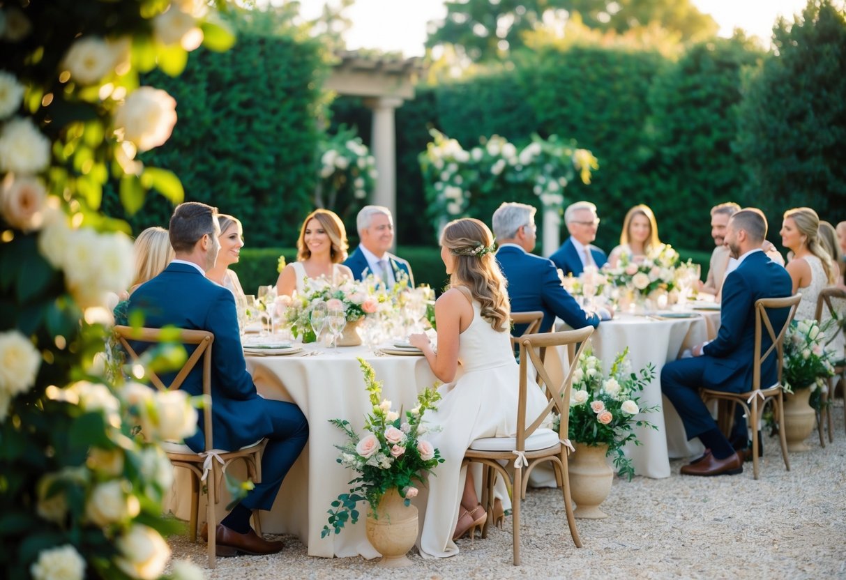 A serene garden setting with a small, intimate gathering of family and friends, adorned with elegant floral arrangements and soft, warm lighting