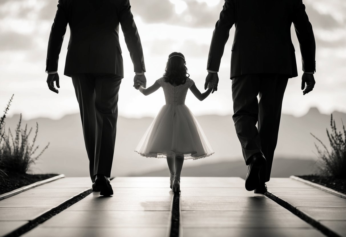 A figure stands between two separate paths, symbolizing the bride's parents, with the bride walking towards the future