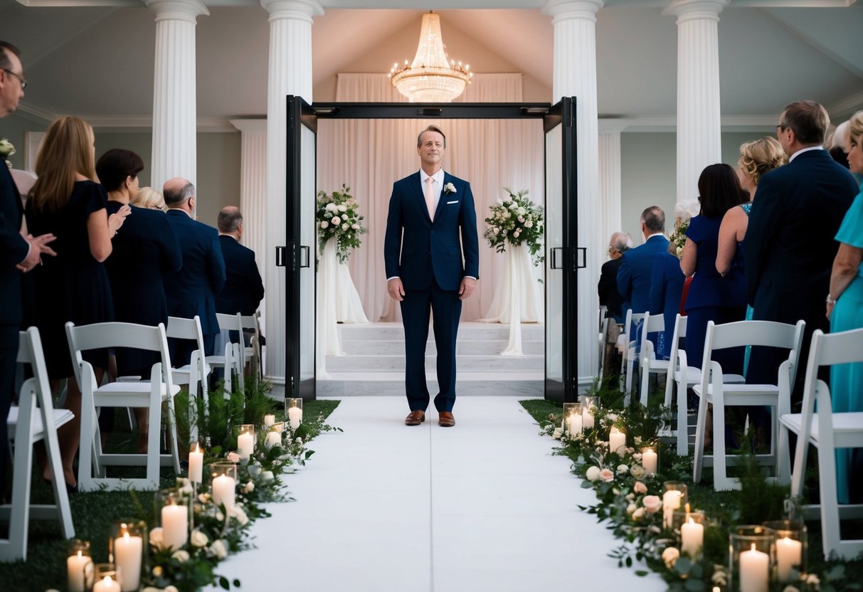 A figure stands at the center, flanked by two separate paths leading to the ceremony space. The figure is surrounded by a sense of division and separation, symbolizing the complexity of navigating divorced parents in a wedding ceremony