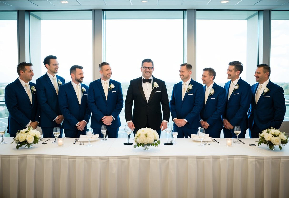 The best man stands at the center of the top table, surrounded by the groom and other members of the wedding party