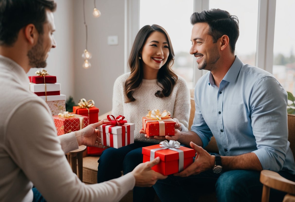 A couple receiving gifts at a small, intimate gathering. A mix of traditional and modern items, with a focus on quality over quantity