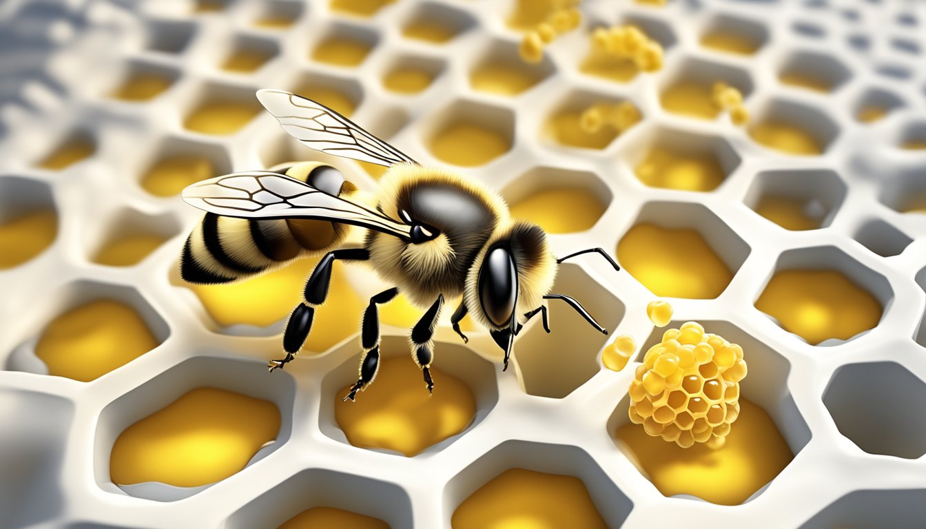 A bee hovering over a cluster of white, waxy cells containing royal jelly inside a beehive