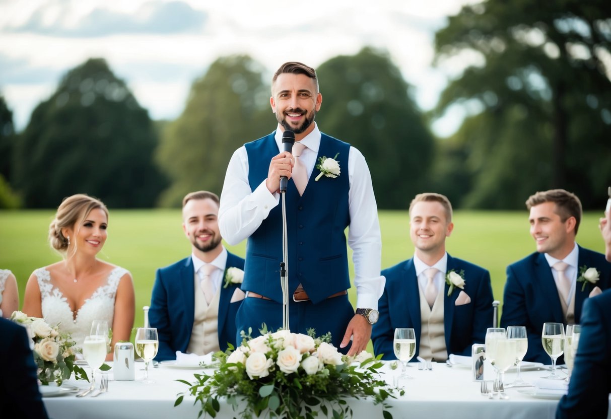 The best man stands at the center of the top table, with a microphone in hand, giving a heartfelt speech to the newlyweds and guests