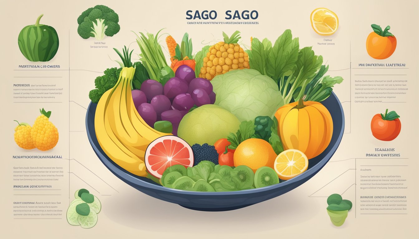 A bowl of sago surrounded by various fruits and vegetables, with a nutritional chart displayed next to it