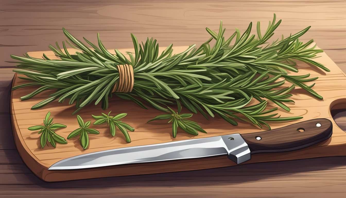 Fresh rosemary stems arranged on a cutting board, with a knife and a pile of chopped herbs in the background