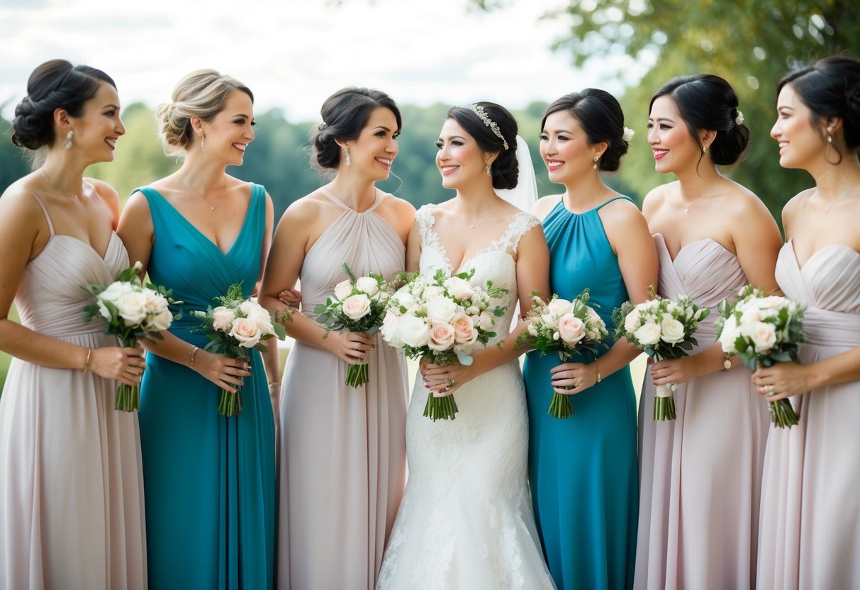 A group of women in matching dresses stand together, with the mother of the bride wearing the same color as the bridesmaids
