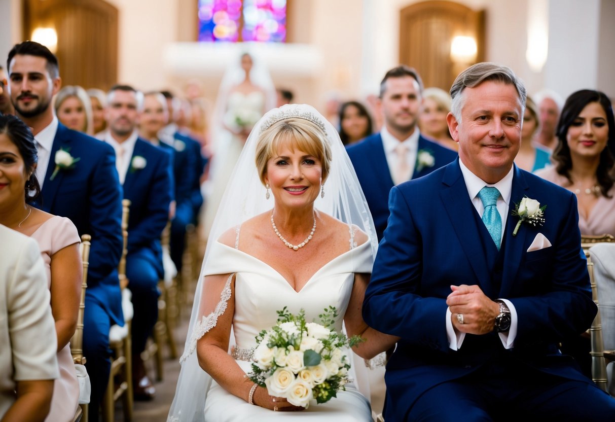 The mother of the bride is seated before the wedding processionals begin. She is escorted to her seat by an usher or family member