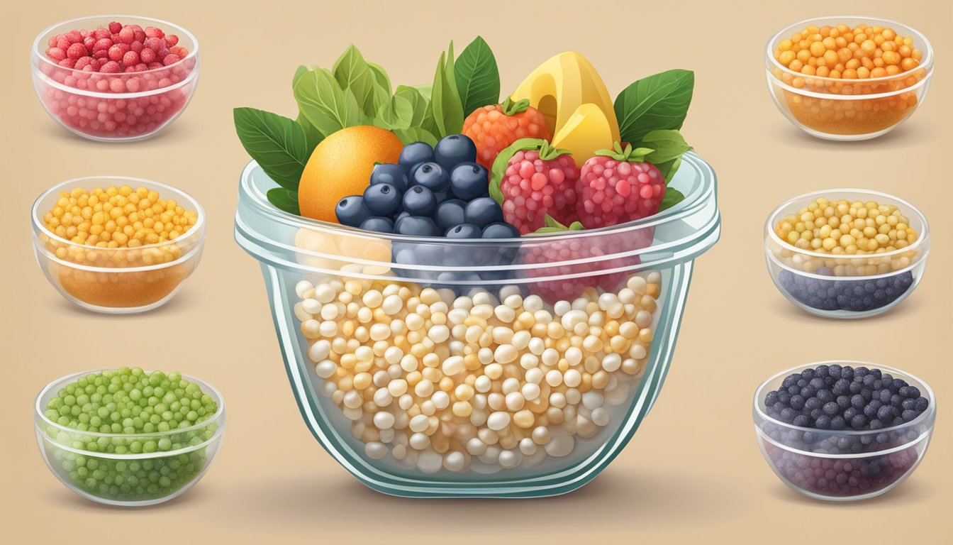 A bowl of sago pearls surrounded by gluten-free ingredients like fruits and vegetables, with a clear "gluten-free" label on the packaging