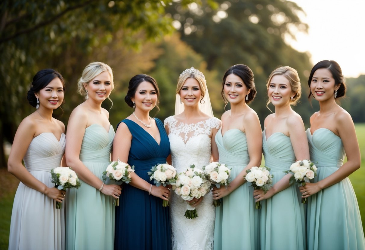 A group of women in elegant dresses standing together, with the mother of the bride wearing a dress in a color similar to the bridesmaids