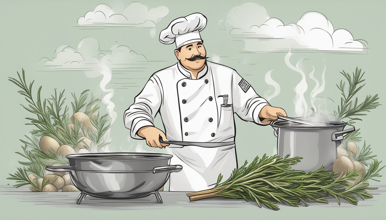 A chef confidently adds whole rosemary stems to a sizzling pan of potatoes, infusing the air with the herb's aromatic scent