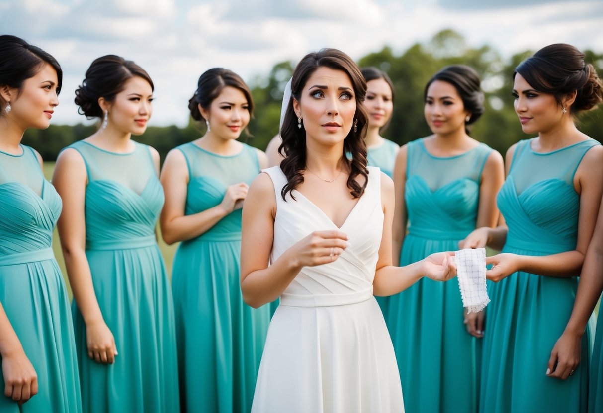 A woman stands surrounded by bridesmaids in matching dresses, all wearing the same color. She looks uncertain, holding up a swatch of fabric next to the dresses