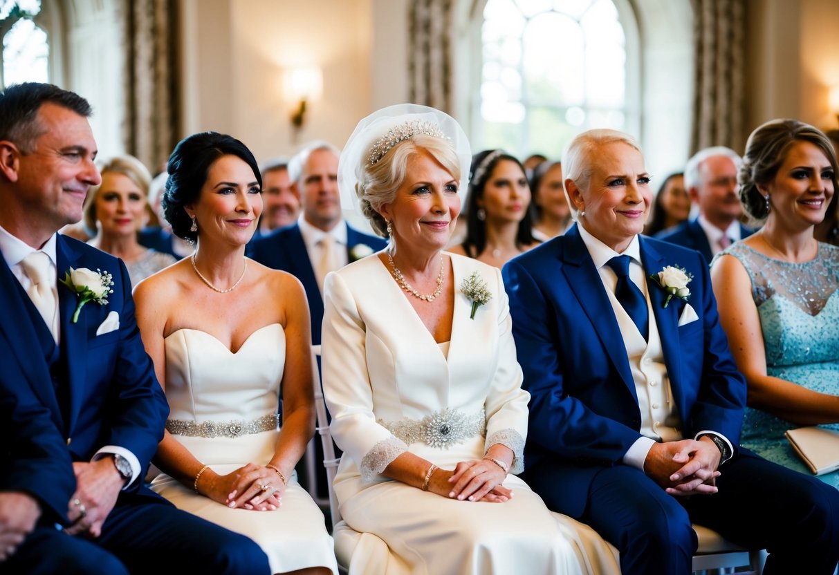 The mother of the bride is seated at the front row, adorned with elegant attire, surrounded by family and friends, as she eagerly awaits the start of the wedding ceremony