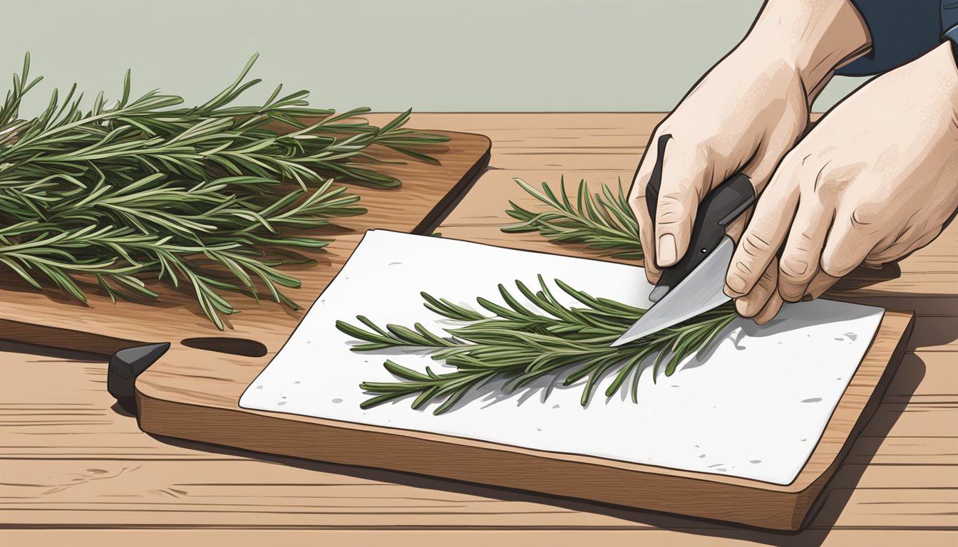 A pair of hands holding fresh rosemary stems, with a cutting board and knife nearby for preparation