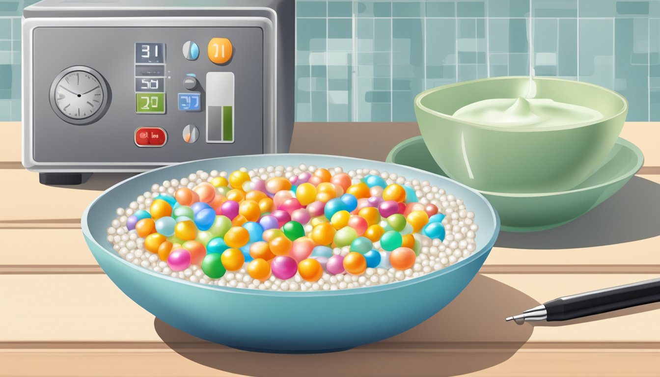 A bowl of sago pearls and a blood sugar monitor on a kitchen counter