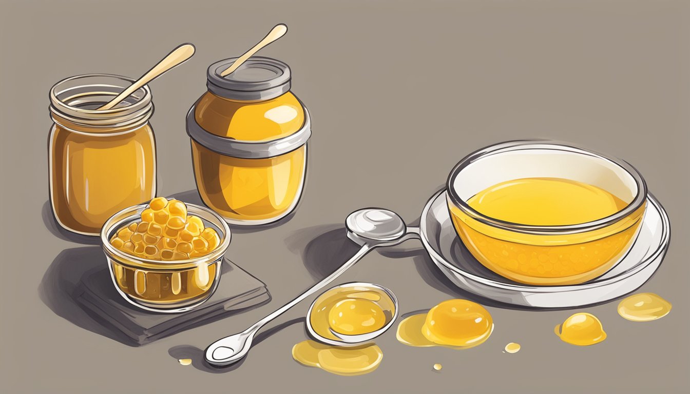 A spoonful of royal jelly being added to a bowl of honey, with a measuring spoon and a jar of royal jelly nearby