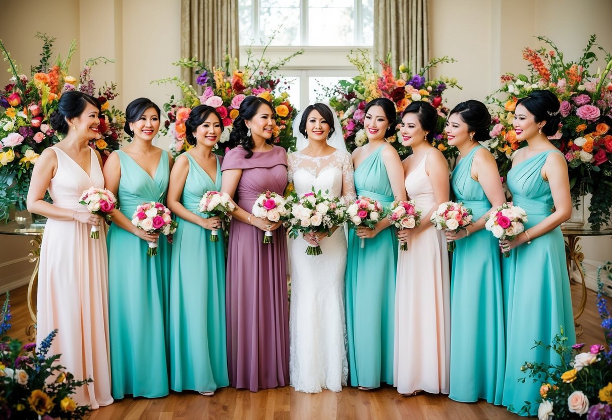 A group of bridesmaids in matching dresses stand beside the mother of the bride, who is also wearing a dress in the same color. They are surrounded by colorful floral arrangements and elegant decor