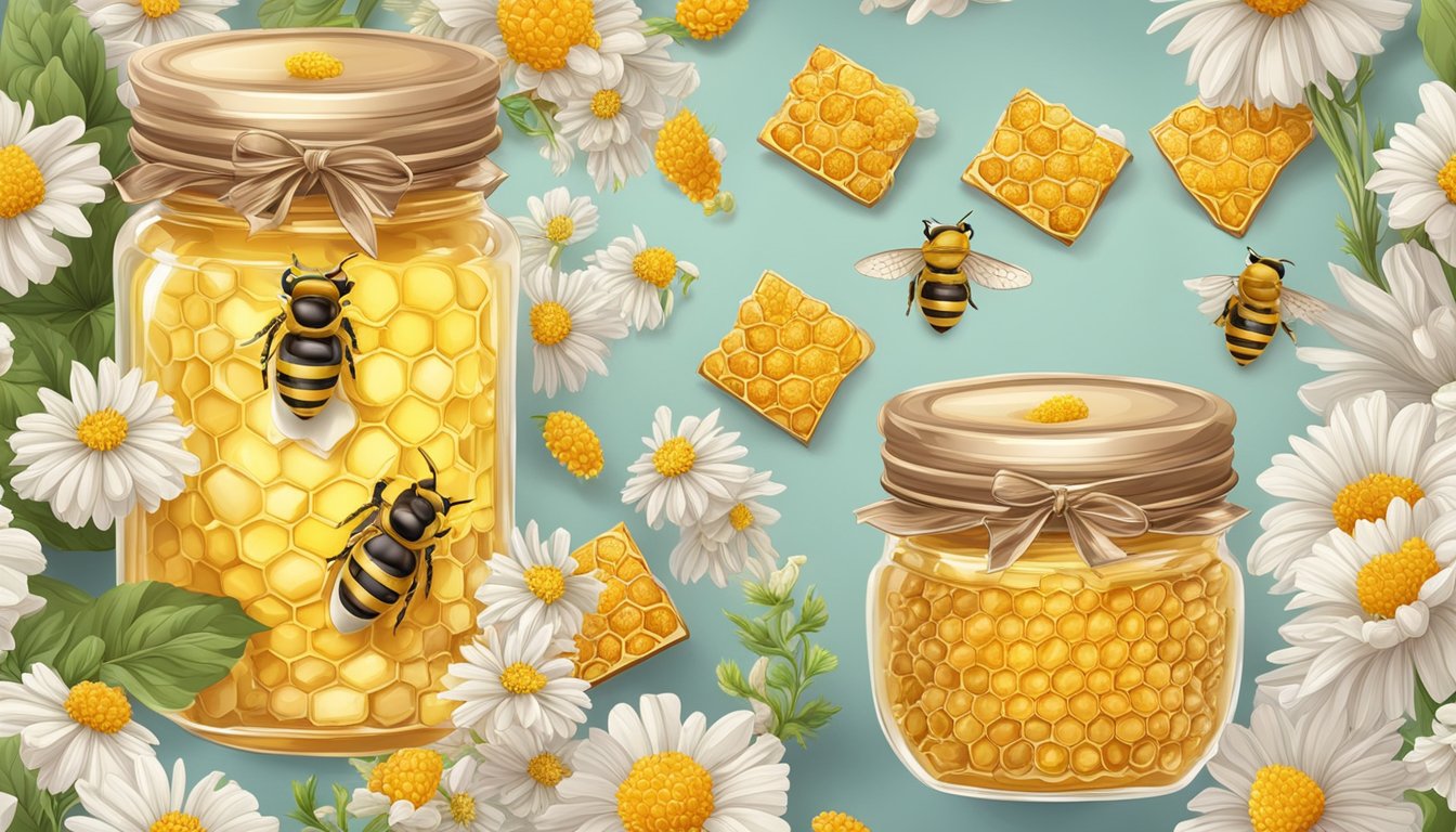 A jar of royal jelly surrounded by fresh honeycomb and flowers