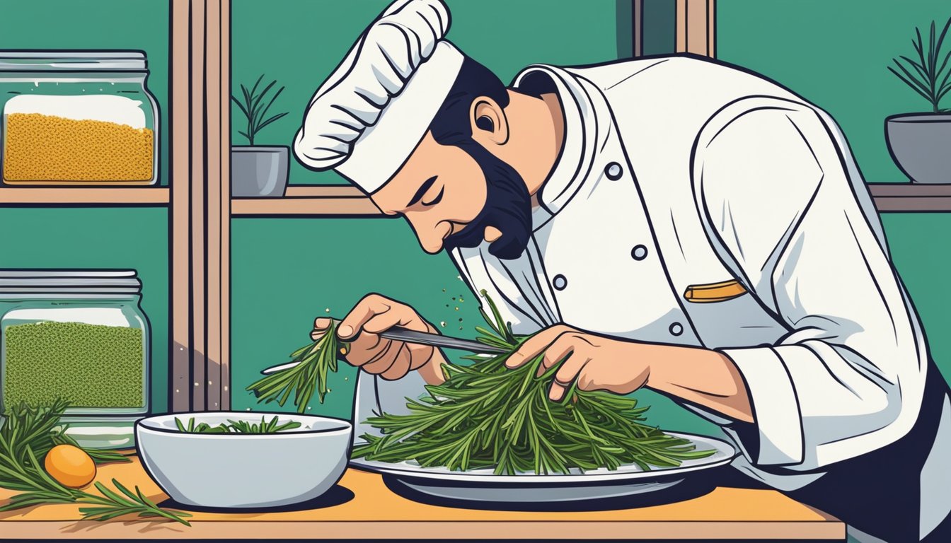 A chef confidently snips fresh rosemary stems and sprinkles them onto a dish, suggesting their safe consumption